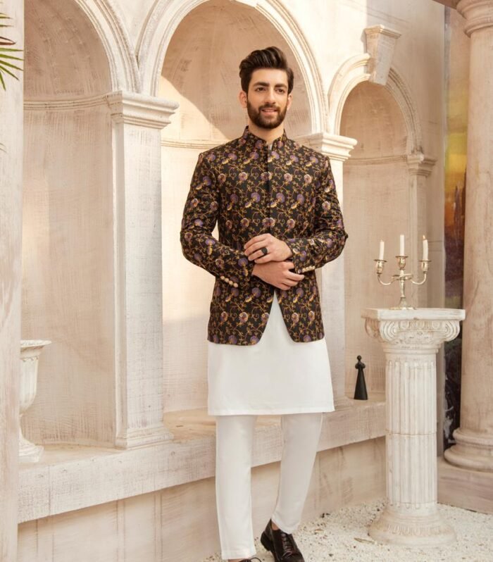 Royal Black & Gold Jamawar Prince Coat