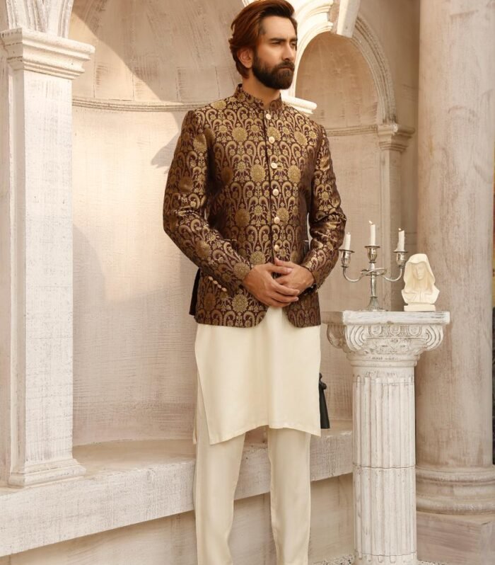 Premium Brown Jamawar Prince Coat