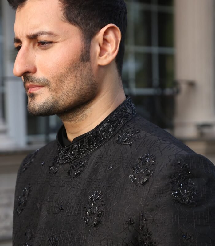 Royal Black Embroidered Sherwani with Shawl